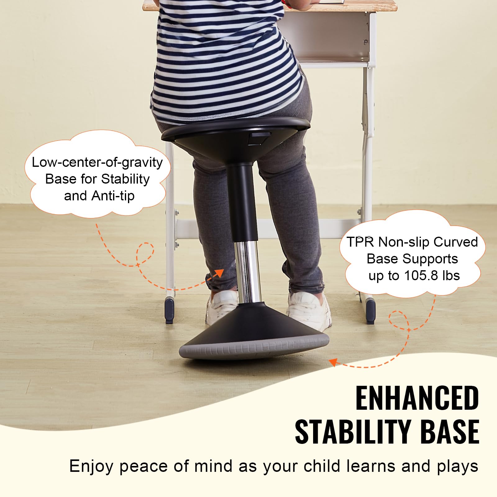 VEVOR Silla Oscilante Silla Activa de Altura Ajustable 40-55 cm, Taburete Oscilante con Asiento Flexible Hecho de PVC y ABS Ideal para Niños de 12 a 18 Años en Escuelas, Oficinas, Hogares, Negro