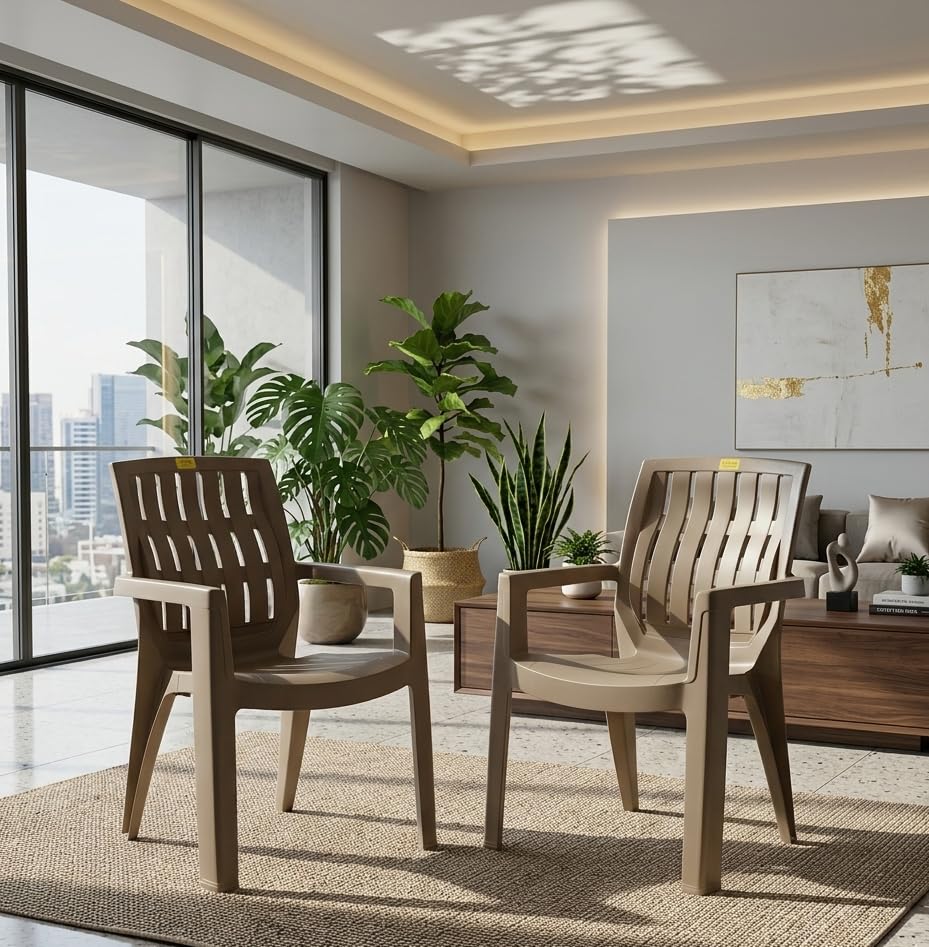 Image of Plastic Chair Set of 2 for Home & Outdoor Use | Heavy Duty Comfortable Chair with Strong Legs | Easy to Clean | Suitable for Living Room, Balcony (Pack of 2-Spino | Choco Cream)