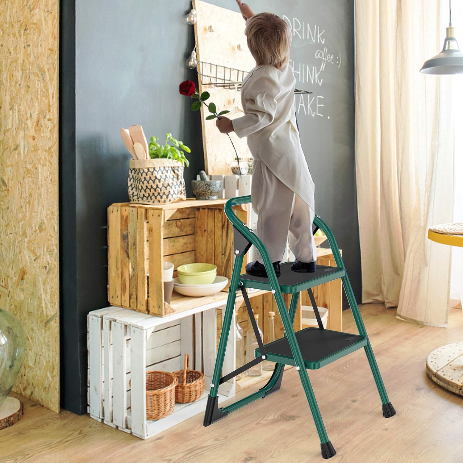 SUNCOO 2 Step Ladder, Folding Step Stool w/Wide Steps, Non-Slip Rubber Feet, 330lbs Load Sturdy Steel Ladders, Lightweight Portable Stairs, Multi-use Ladder Stand for Household and Office