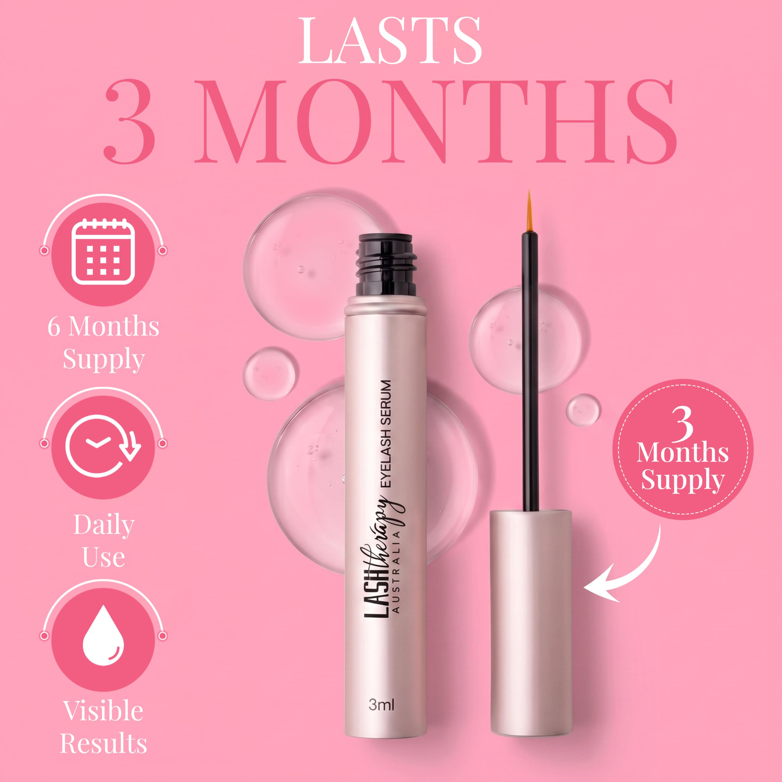 Lash Therapy Australia Siero per la crescita delle ciglia, 3 ml, siero potenziante per ciglia più piene, spesse e lunghe, infuso di peptidi, cruelty free, senza ormoni, senza prostaglandine