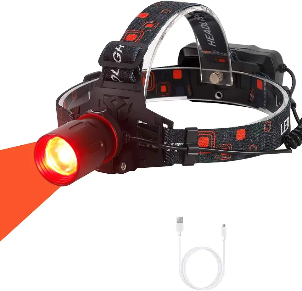 WindFire Lanterna de cabeça de caça com luz vermelha mais brilhante, 3 modos de zoomável, luz de caça noturna, recarregável, à prova d'água, para coiote, porco, varmint predador, caça, astronomia, aviação com pilhas