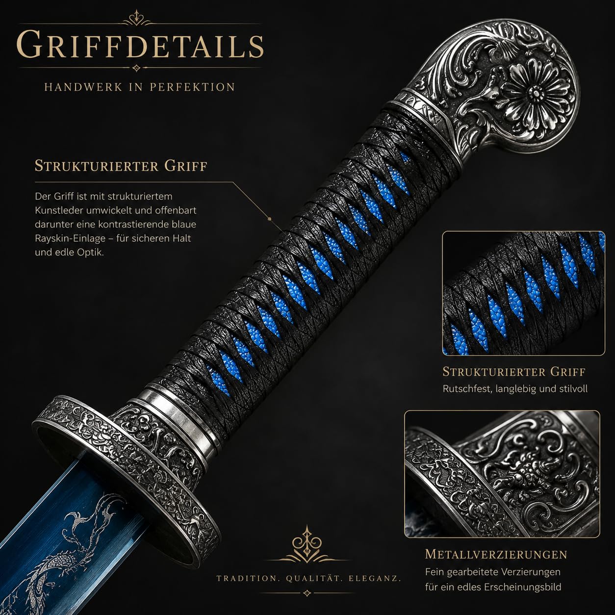 Dekoratives Samurai-Schwert Katana mit Blauer Klinge & Drachengravur, 104cm Japanisches Schwert aus Edelstahl mit ABS-Scheide, Ideal für Wanddekoration, Sammlungen und Geschenke
