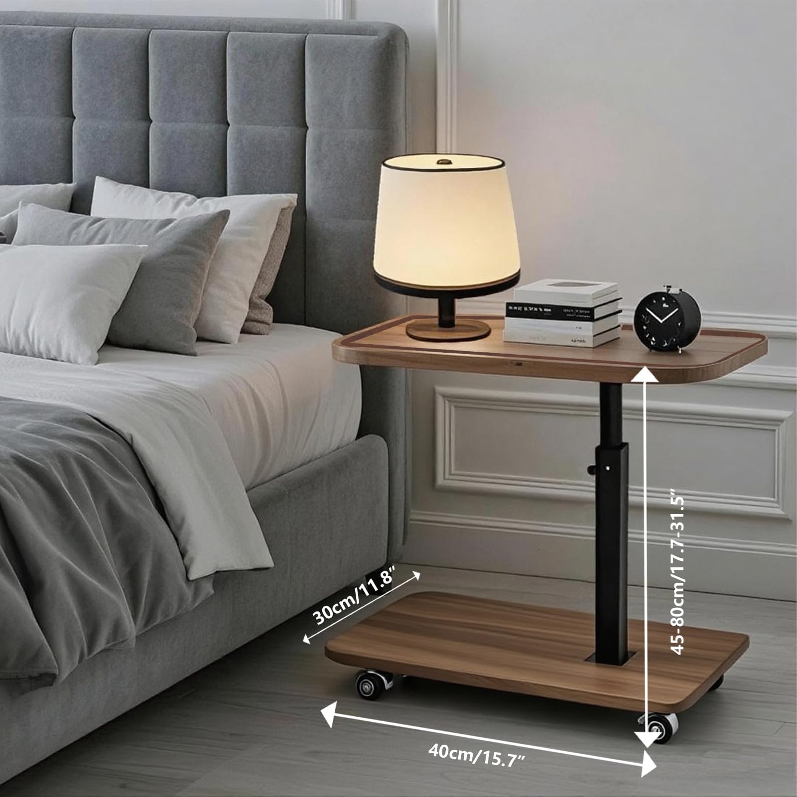 Mesa Auxiliar en Forma de C de Madera, Mesa de sofá giratoria 360°, Altura Ajustable Mesa Auxiliar con Ruedas (45cm-80cm), Auxiliar Sofa para Salones,ara Dormitorio O Oficina