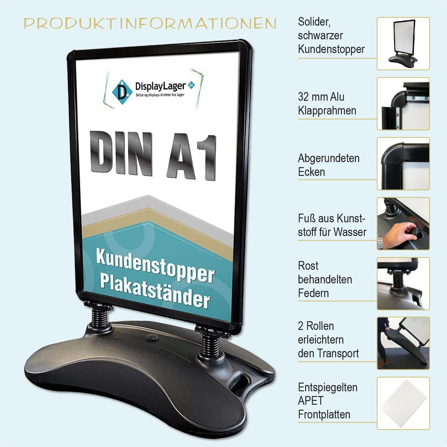 DisplayLager, Calidad danesa – Soporte para carteles negro Wind-Sign | para póster DIN A1 594 x 841 mm. Tope resistente a la intemperie para clientes, peso para altas velocidades de viento y ruedas