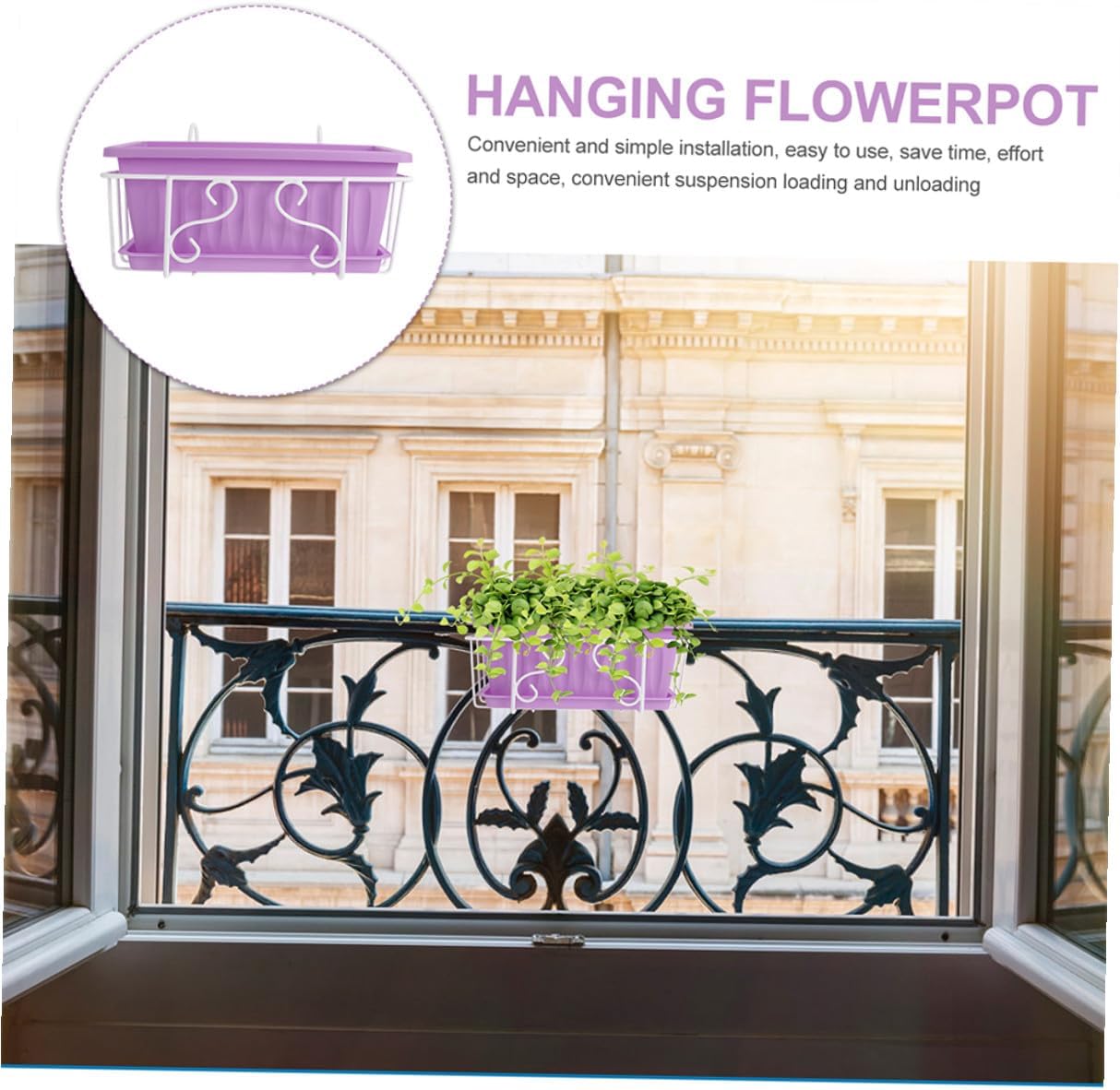 Rectangular Vegetable Planter Pot with Tray and White Iron Bracket, Medium Hanging Window Box Planter for Balcony Garden and Outdoor Vegetable Growing