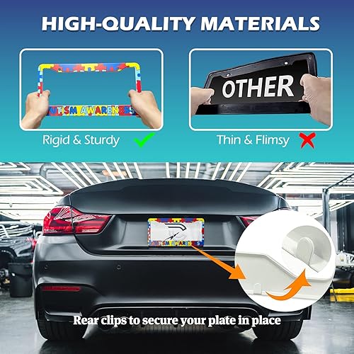 Miniatura 4 de Marcos para placa de matrícula de concienciación sobre el autismo, 2 agujeros, costuras coloridas, piezas de rompecabezas para matrícula, cubierta