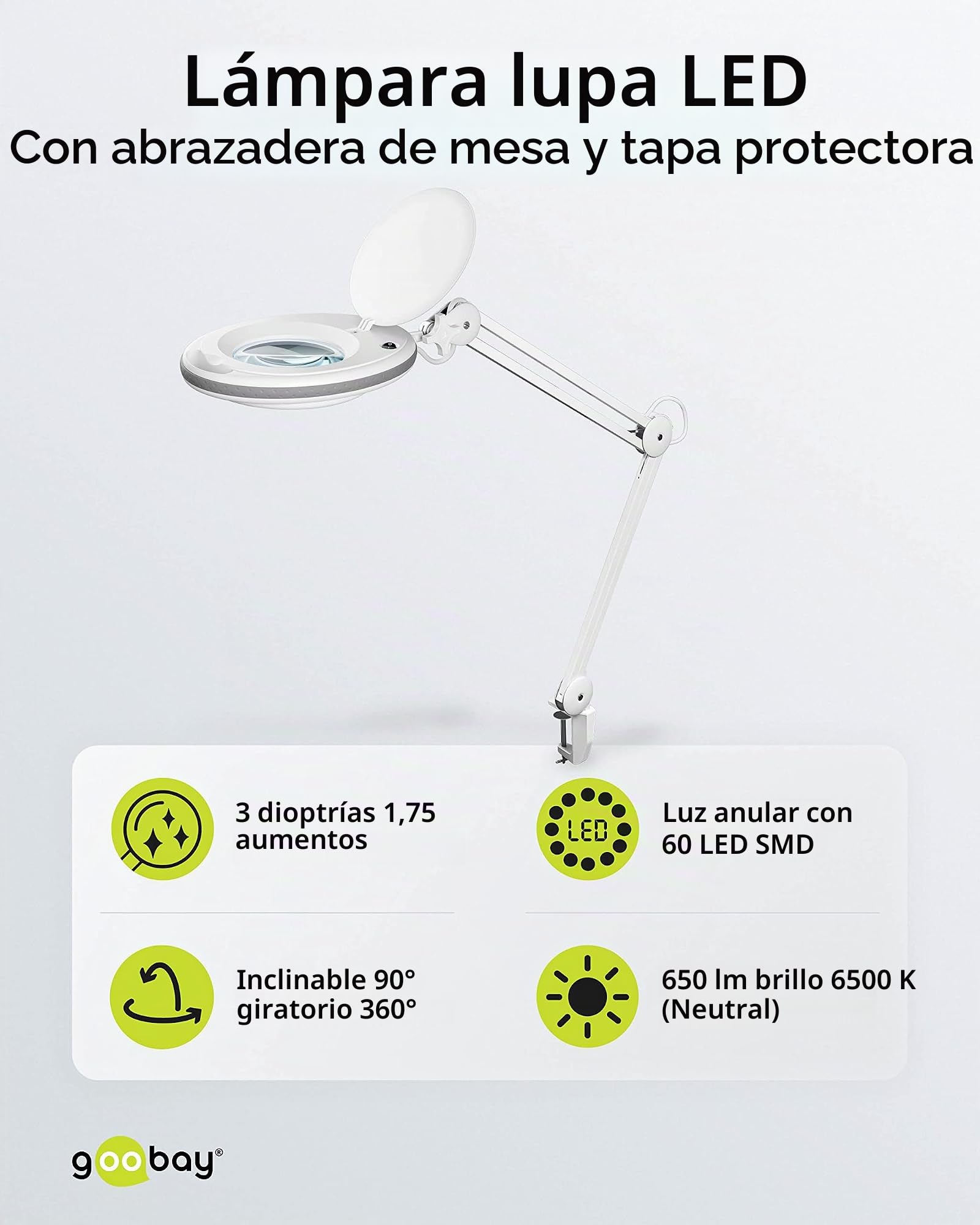 Goobay 60361 Lámpara de aumento/Lámpara de aumento LED de plástico / 8 W de consumo, temperatura de color 6500 K/flujo luminoso 650 lm/tensión de servicio 230 V (AC) / blanco