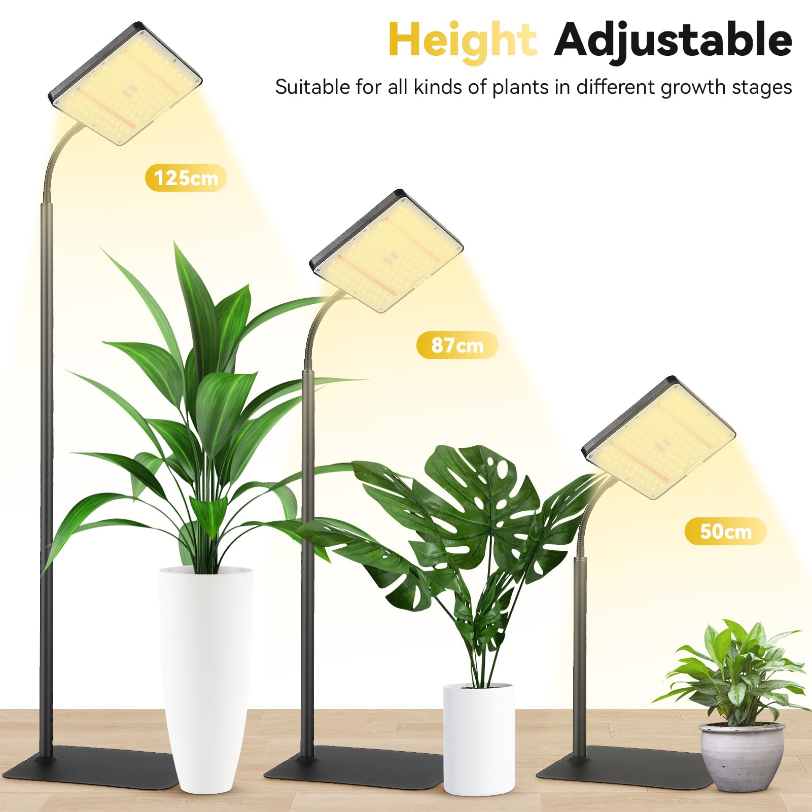 Lampe Horticole Led À Spectre Complet, 3 Couleurs, Minuterie 4/8/12 H, 10 Niveaux De Luminosité, Hauteur Réglable De 50 À 125 Cm Pour Les Grandes Plantes Ou Les Semis.