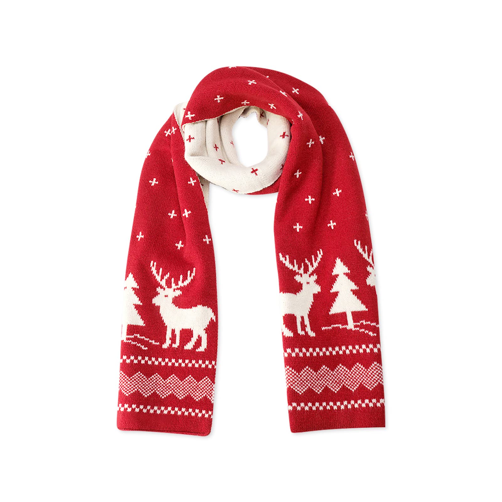 Lumisyne Women's Red Winter Knitted Scarf For Reversible Christmas Scarf Fair Isle Snowflake Reindeer Soft Warm Long Scarves
