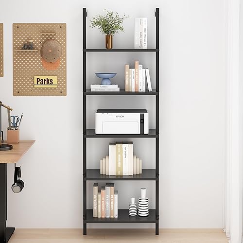 Miniatura 8 de WEI WEI GLOBAL Estantería abierta de 5 niveles para montar en la pared con marco de metal, estante de escalera industrial moderno, organizador Nogal