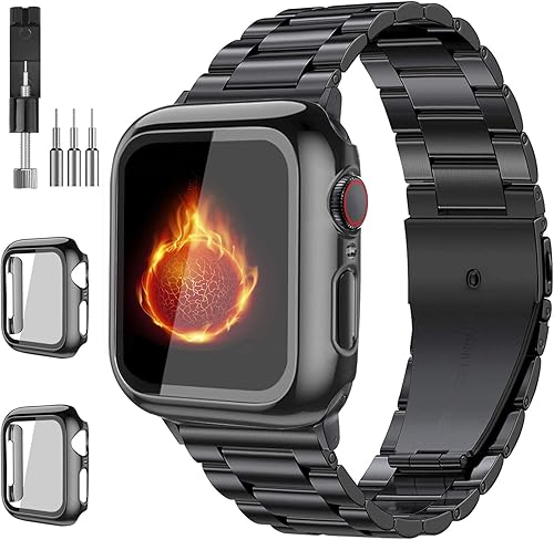 Bekomo Compatible with Apple Watch Band 49mm 44mm 45mm 42mm 40mm 38mm 41mm, Stainless Steel Metal XL large iWatch Bands with 2 Pack Tempered Glass Bekomo Compatible with Apple Watch Band 49mm 44mm 45mm 42mm 40mm 38mm 41mm, Stainless Steel Metal XL large iWatch Bands with 2 Pack Tempered Glass