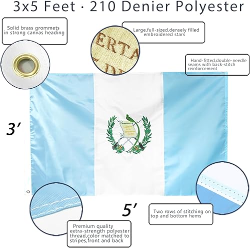 Miniatura 2 de Anley EverStrong Series - Bandera de Guatemala bordada de 3 x 5 pies, cabecera de lona bordada y resistente, 4 filas de costuras de cerradura,