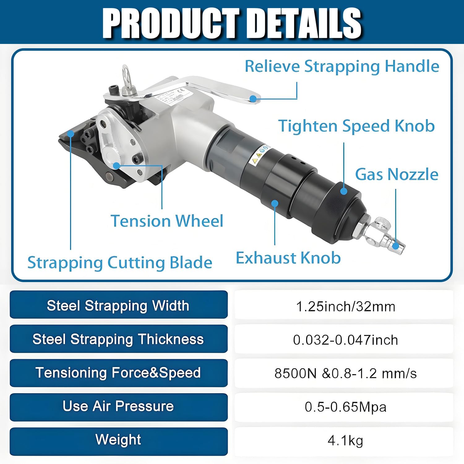 Machine de cerclage pneumatique en acier, tendeur robuste et coupeuse pour emballage haute résistance, force de tension 8500 N, type fendu, 19 mm