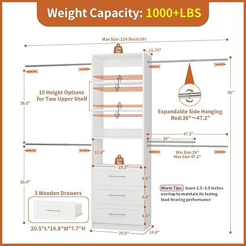 Vista 4 de Sistema de armario con cajones, sistema organizador de armario de 4 a 8 pies, torre organizadora de armario de 96 pulgadas con estantes ajustables