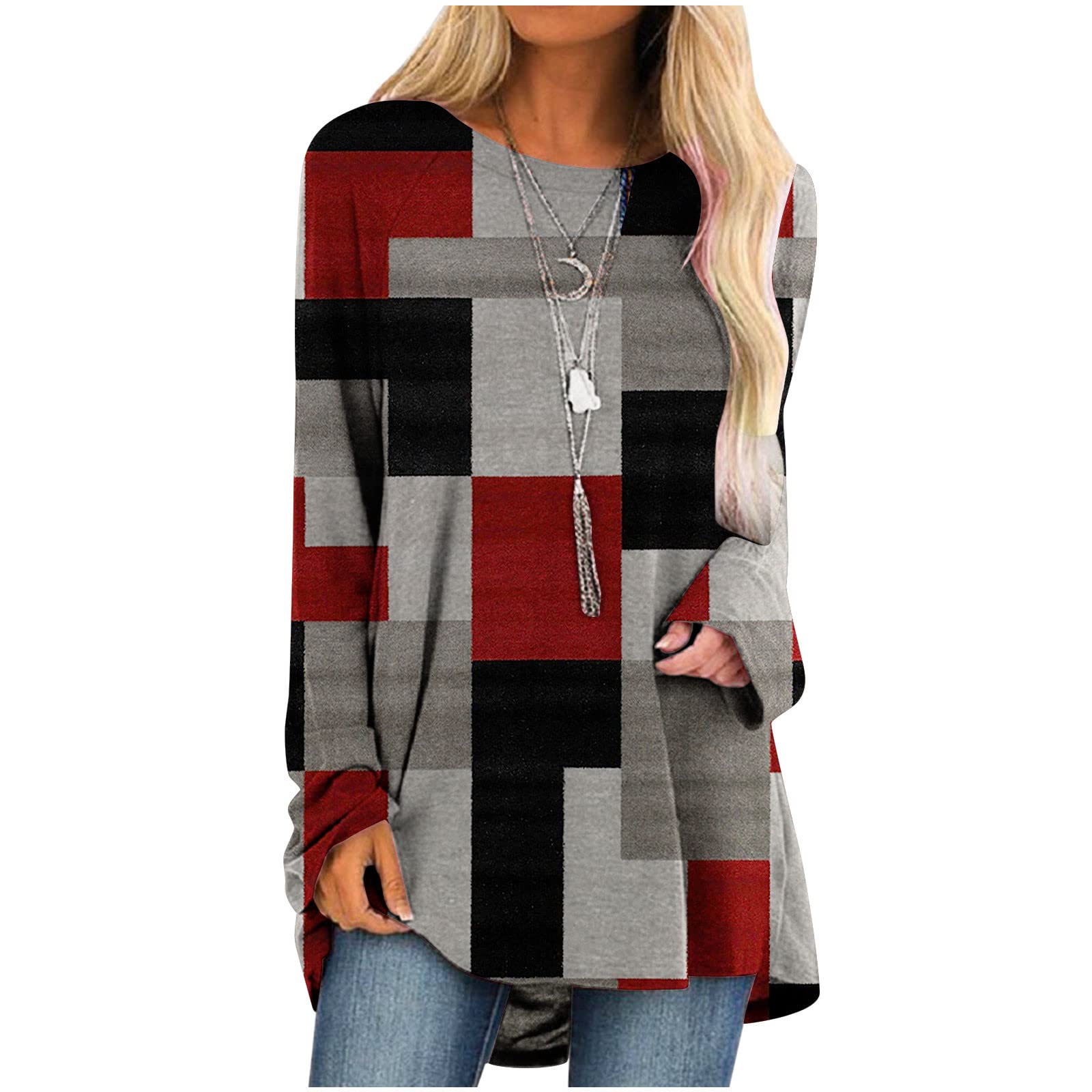 TURWXGSO Ladies Shirts Promotion New Crew Neck Tops Long Sleeve Printed Longline Tops Realxed Fit T-Shirts Fashion Casual Color Block Pullover Sweatshirts Undershirts Loungewear Christmas Jumper — image 1