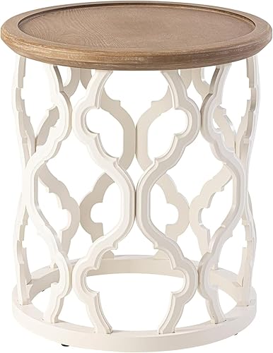 COZAYH Mesa auxiliar de granja mesa auxiliar superior de madera envejecida con base de marco de motivo curvado para bohemio rústico redondo natural