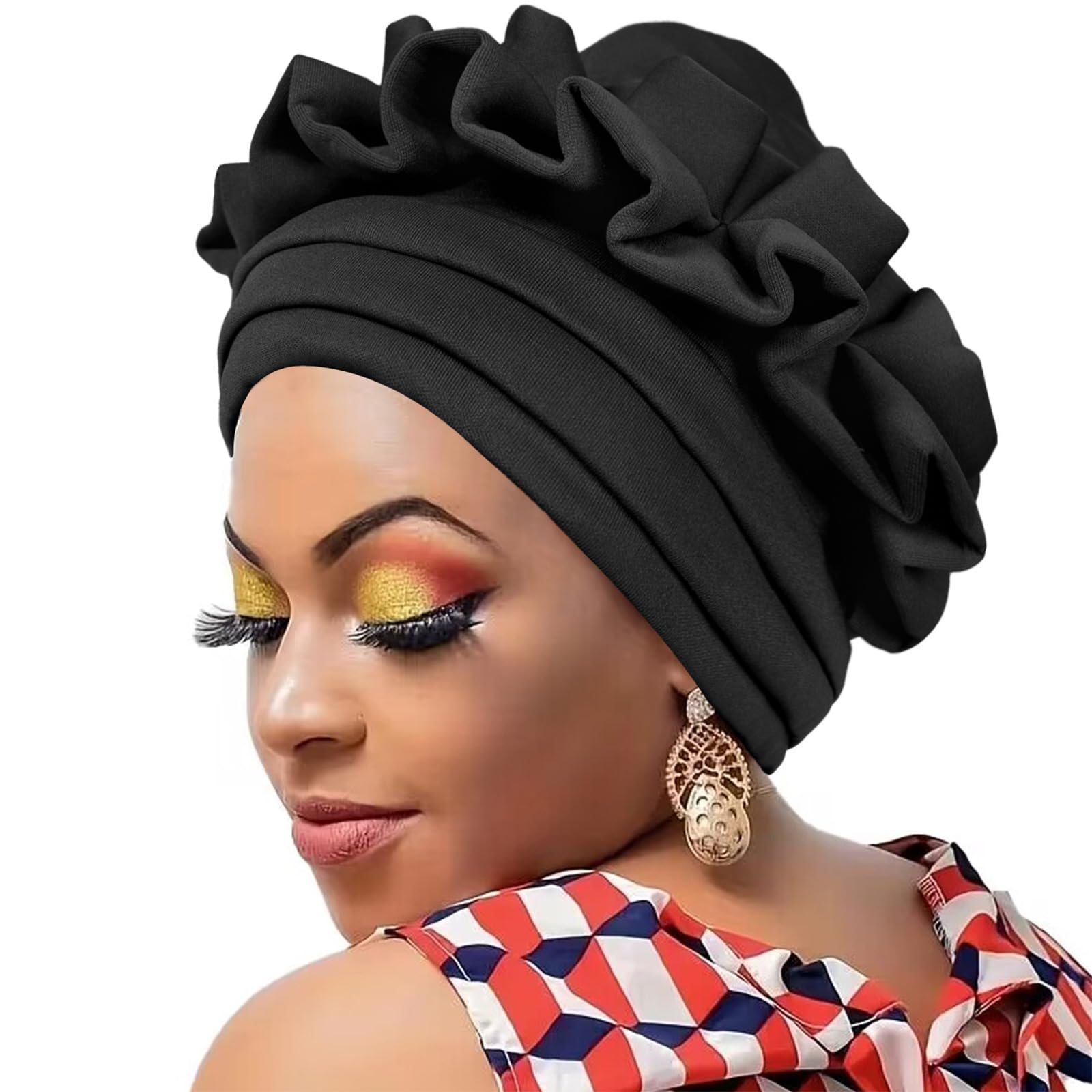 African Women Turban Caps Flower Twisted Headscarf Pre-Tied Braids Wrap Hat Chemo Cancers Headwear African Women Turban Pre-Tied Turbans Head Scarf Black