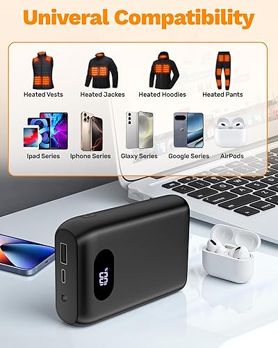 Miniatura 6 de Modefi Chaleco calefactable, paquete de batería de 20000 mAh, 7.4 V, batería recargable para chaleco calefactado, cargador de batería para chaqueta