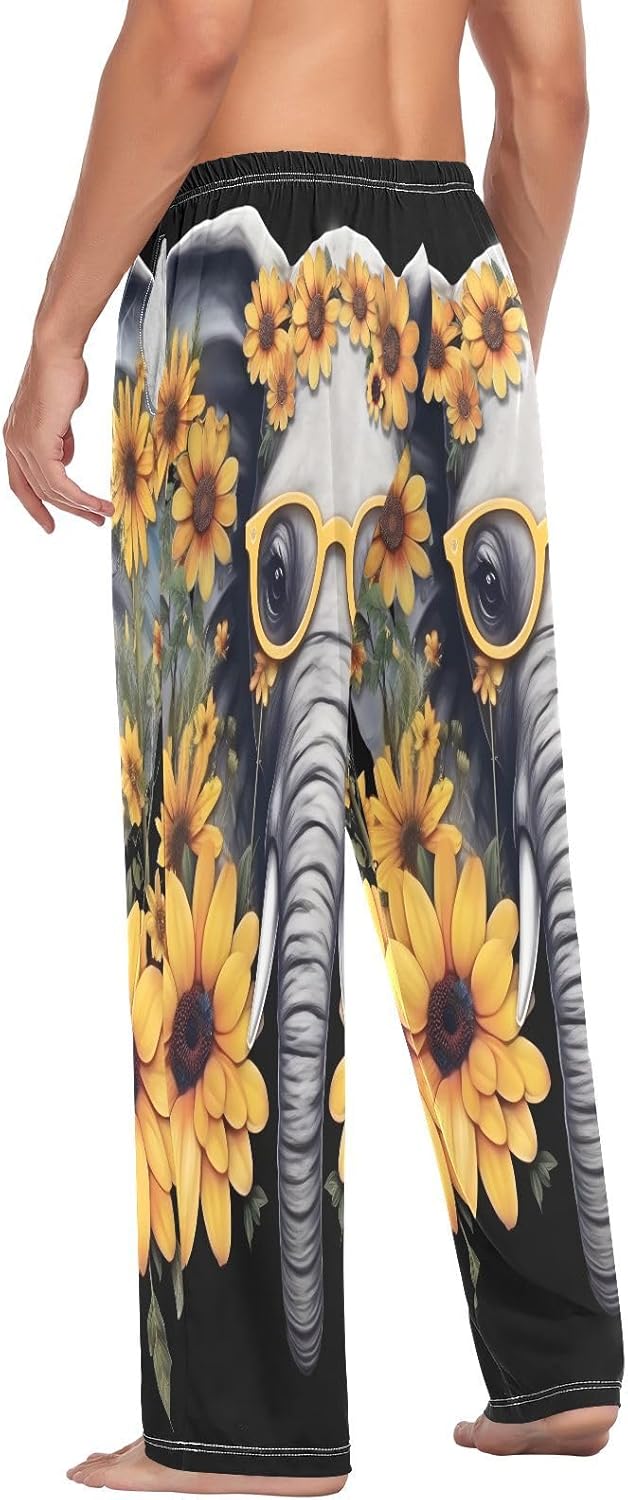 ALAZA Funny Elephant Sunflowers Men's Pajama Pants Men Cotton Pajama Bottoms with Pockets, S