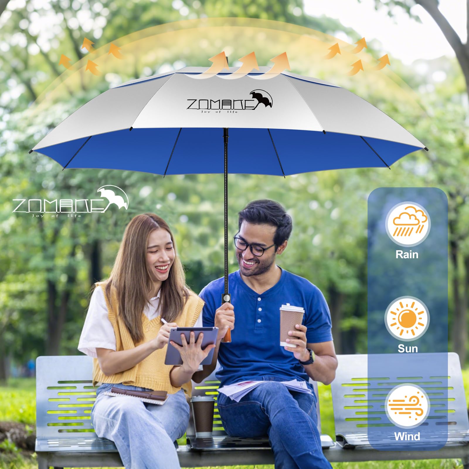 ZOMAKE 62/68 Pouces Ombrelle Anti UV Grand Parapluie Golf Anti Tempête Homme Femme XXL Manche Bois Ondulé Double Canopée Ventilée