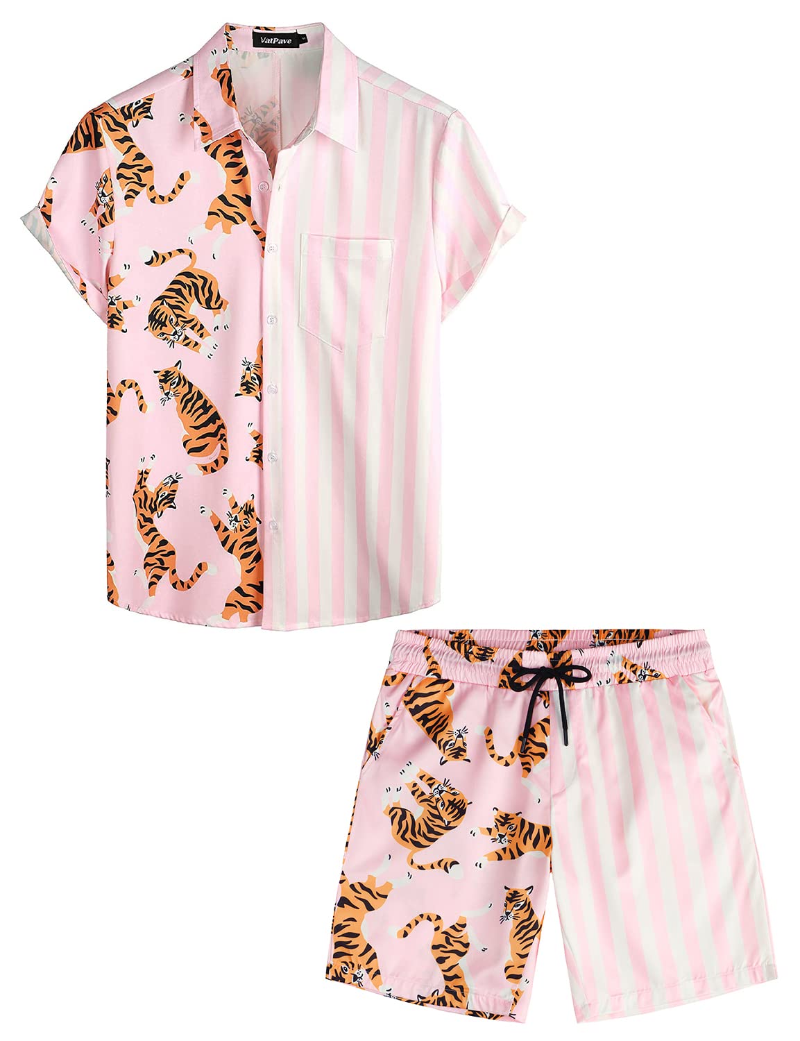 VATPAVE Herren Flamingo Hawaii 2 Teiliges Sets Kurzarm Freizeithemden Strand Outfits