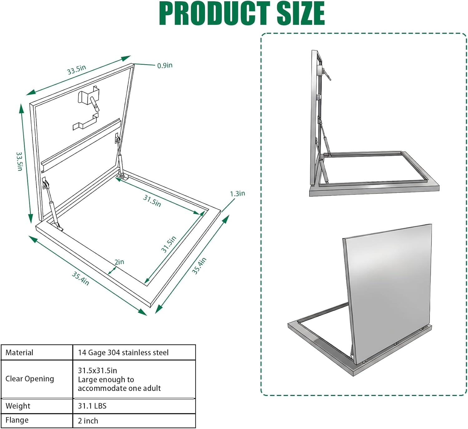 31.5x31.5in Roof Hatch,304 Stainless Steel Square Roof Access Hatch Lid Security Door,Reinforced Rib Rooftop Attic Hatch Door with Internal Handle and Lock Latch,32in Clear Opening Rainproof