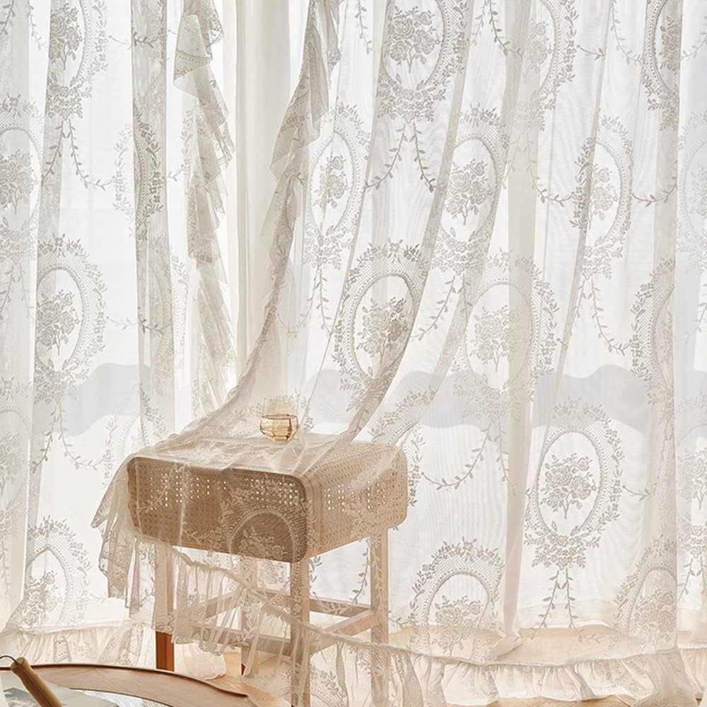 ZZCLace Sheer Curtains with Scallop Ruffle for Living Room Elegant 70 Inch Long Rustic Vintage Floral Embroidered Voile Panels Rod Pocket Window Treatment Set 2 Panels, White, W39 x L70 Inch