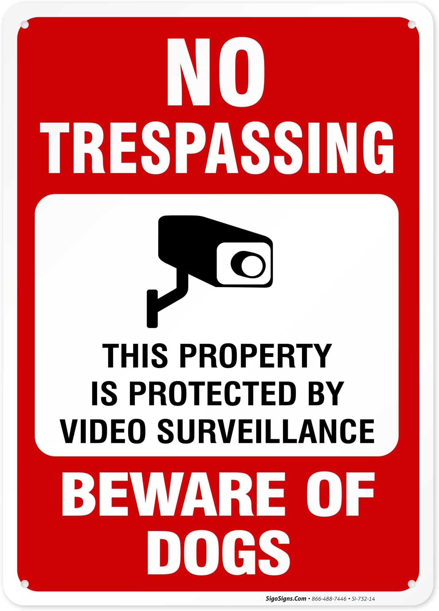 Beware of Dog No Trespassing, Video Surveillance Sign, 10x14 Inches, Rust Free .040 Aluminum, Fade Resistant, Made in USA