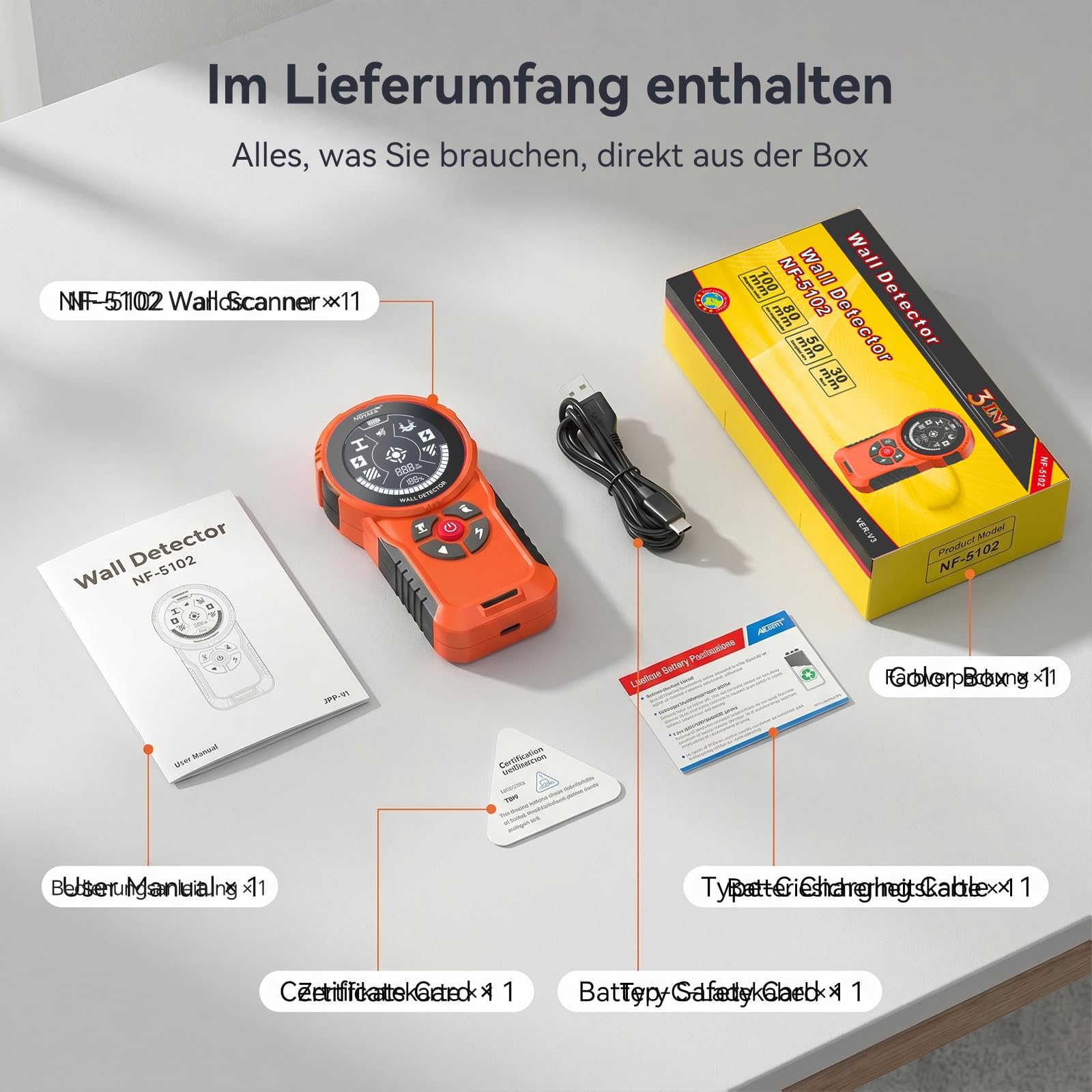 NOYAFA Leitungssuchgerät Ortungsgerät Leitungsfinder, Wiederaufladbar, HD-LCD-Display, für Metall, Holzbalken Mitte & Kante, AC-Stromleitung & Rohr