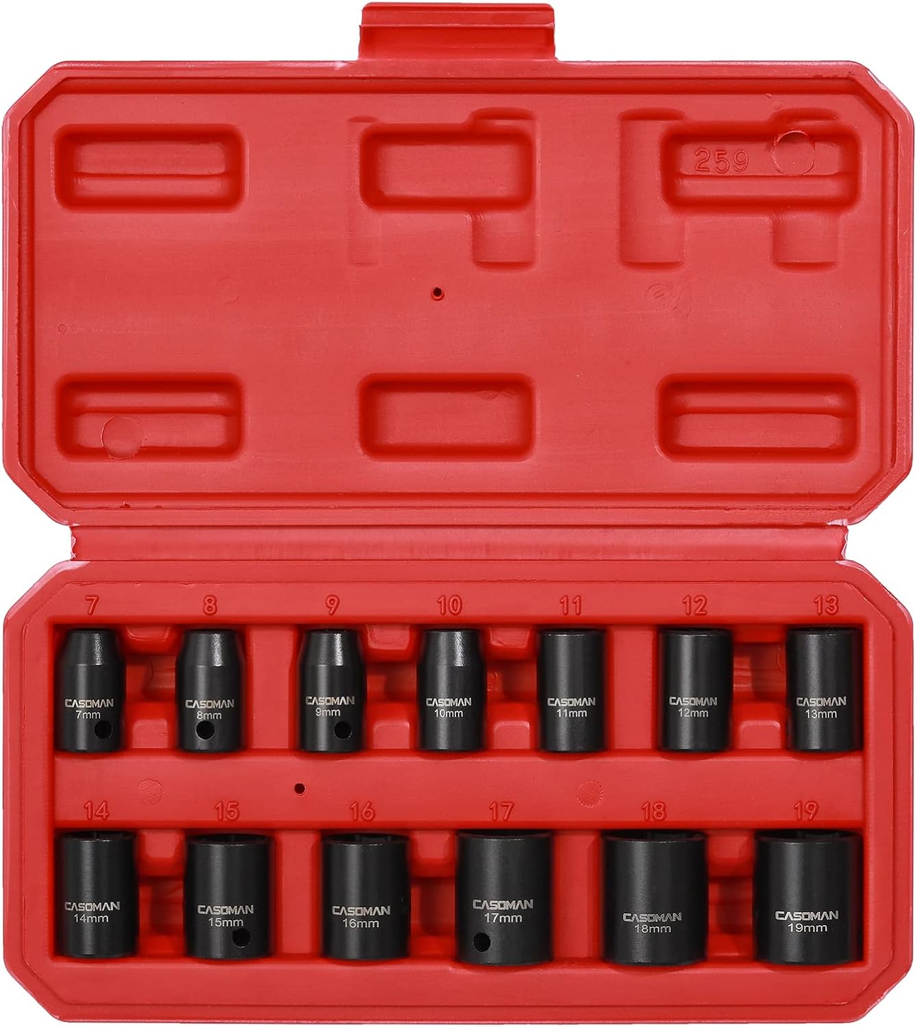 CASOMAN 13 Pieces 3/8-Inch Drive Impact Socket Set, 6-Point, Metric, Shallow, CR-V, 7mm to 19mm, Heavy Duty Blow Molded Storage Case