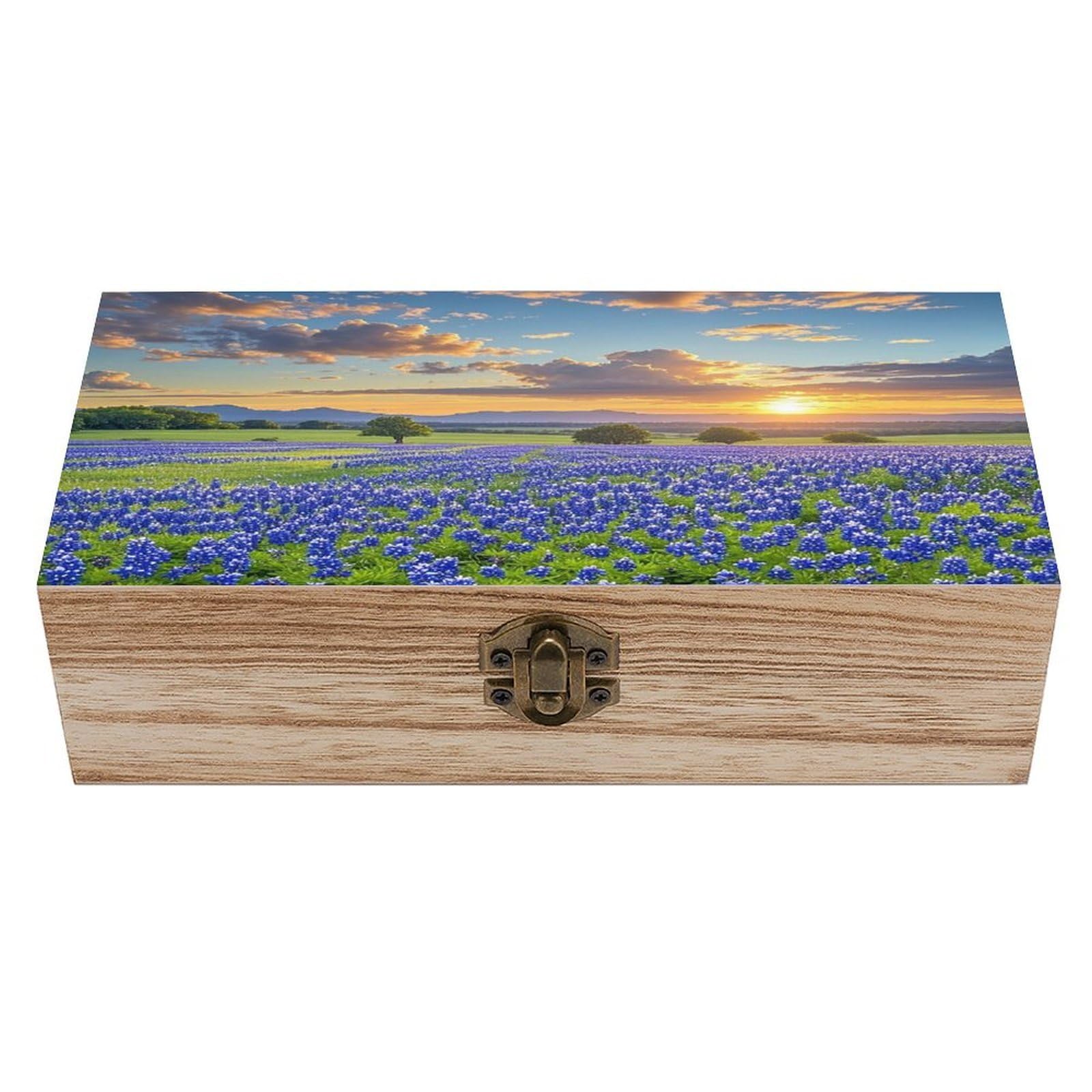 FekiLoot Texas Bluebonnets Scenery Wooden Jewelry Box Personalized Wood Keepsake Box Large Decorative Wooden Storage Boxes with Hinged Lid Rustic Style Wood Jewelry Organizer for Desk Home Office