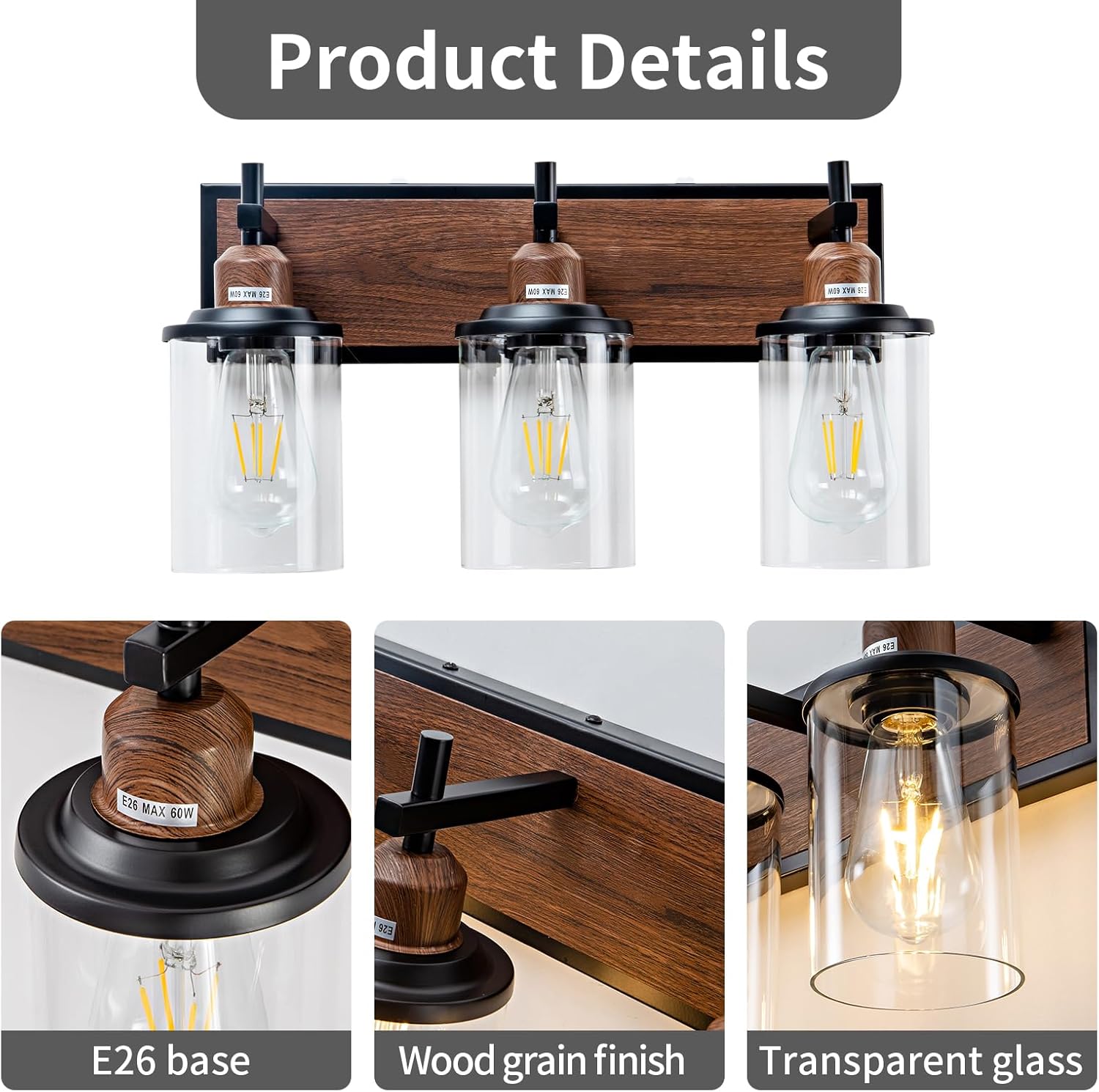 Lanhall 3-Light Farmhouse Bathroom Light Fixtures Vintage Vanity Lights Over Mirror Black and Wood Painted Metal Vanity Light with Glass Shades E26 Socket