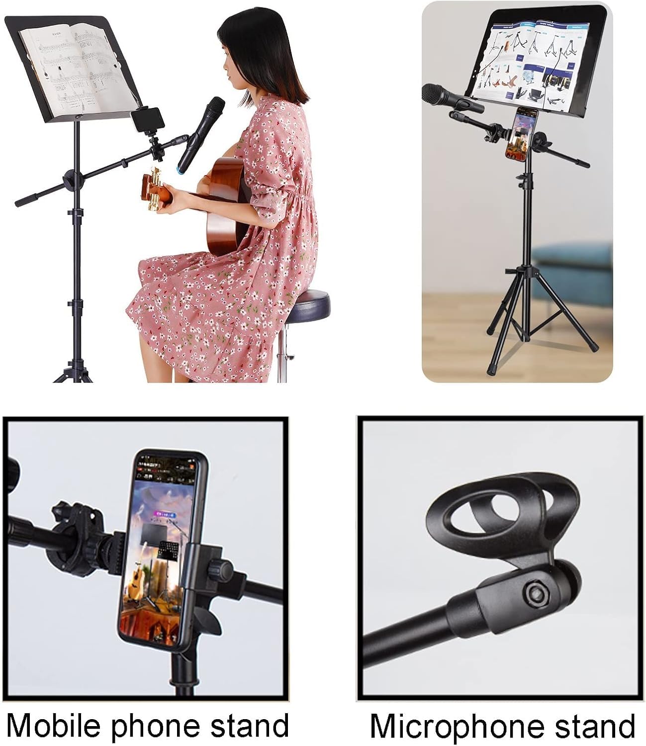 Leggio pieghevole per spartiti musicali con supporto per telefono, portatile e pratico, per uso domestico o in studio