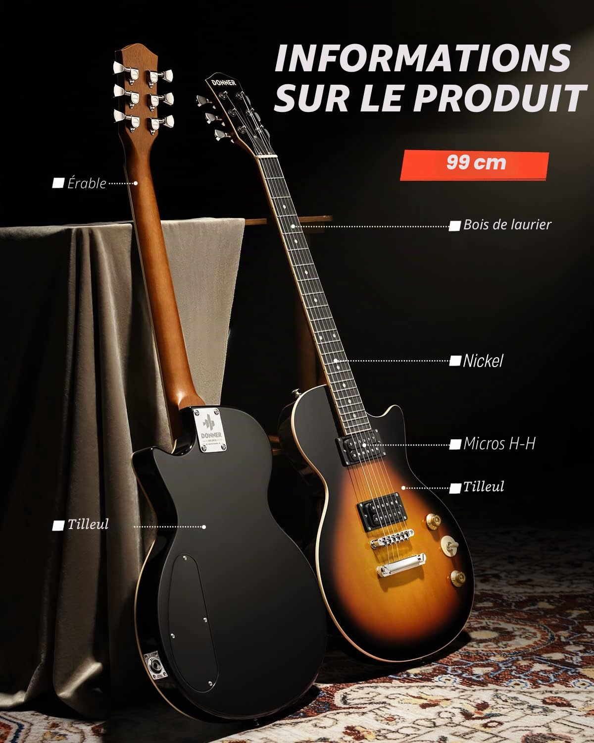 Donner Guitare Électrique 39 pouces avec Sac, Sangle, Câble (Sunburst, DLP-124S)
