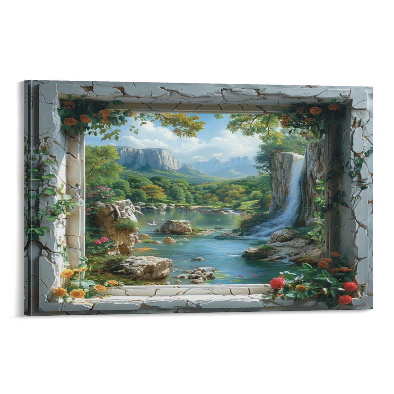 Euumkoo Framed Beautiful Window View Canvas Wall Art, Beautiful Waterfall Flower Rustic Mountain Picture Painting On Canvas, Print Poster Decoration Artwork For Home Living Room Wall Decor Frame 24X36inch(60X90cm