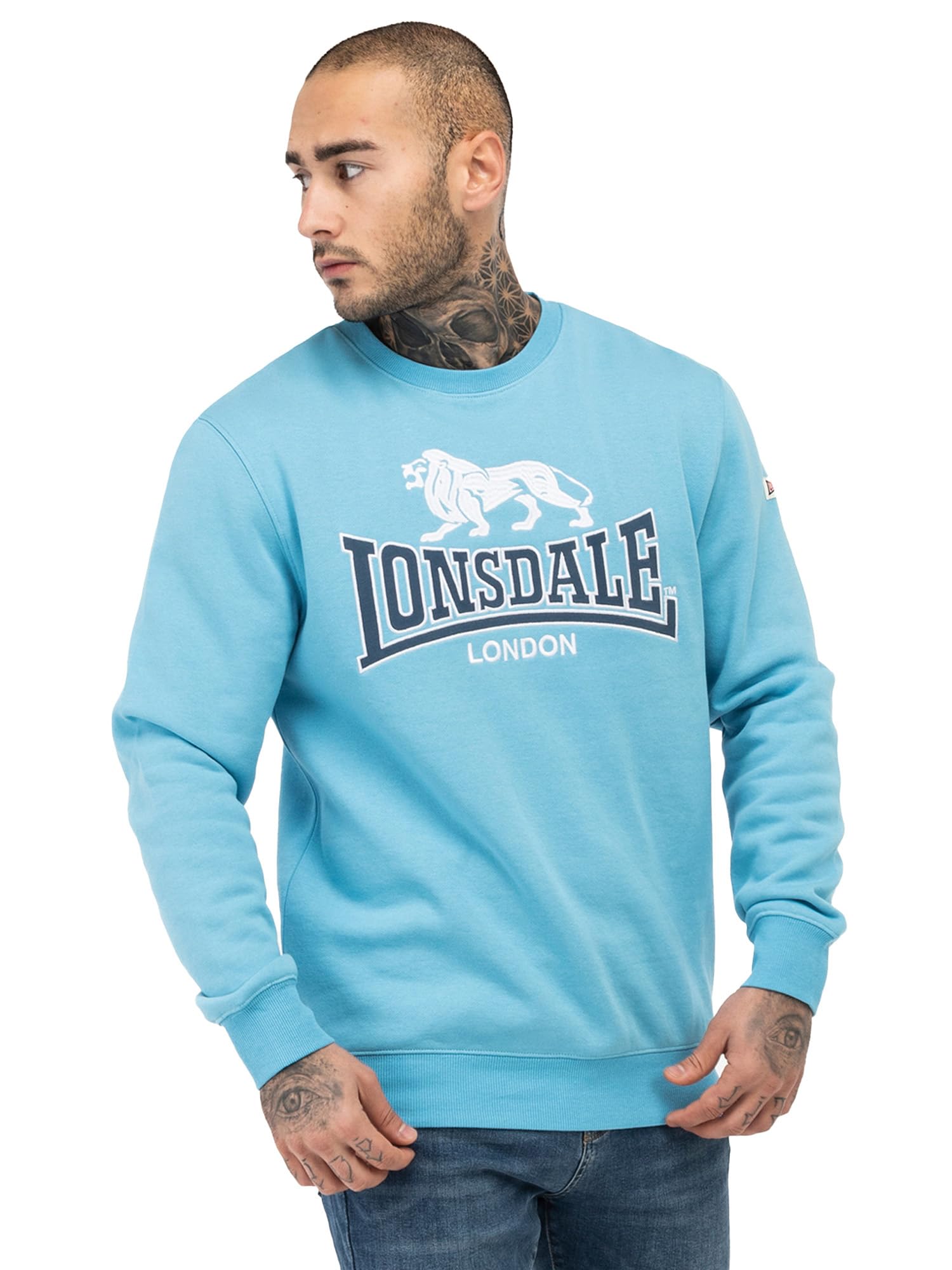Lonsdale LAWINS Men's Crew Neck Sweatshirt, Regular Fit, Blue/White/Navy, L, Blue/White/Navy