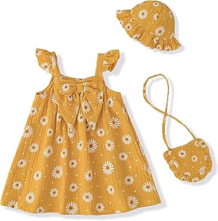 Renotemy Infant Baby Girl Dresses Summer Outfits Casual Cotton Linen Sundress with Hat Toddler Clothes for Girls 3Months-3T