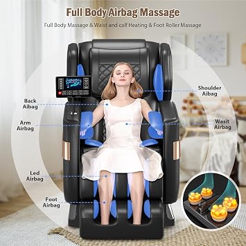 Massage Chair Full Body,Zero Gravity Recliner with Shiatsu Massager,Massage Recliner Chair with Airbags,Foot Massage,Bluetooth,LCD Control,10 Fixed Roller (Black)