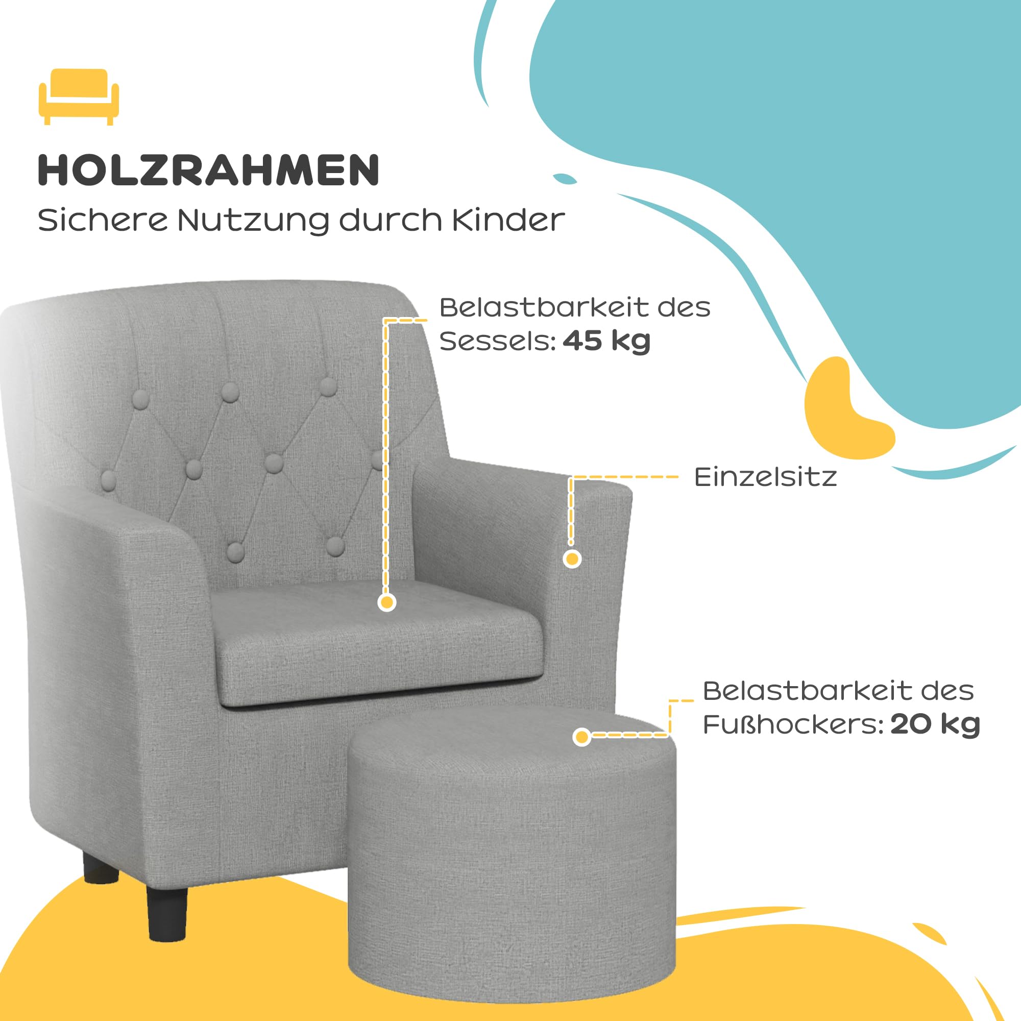 AIYAPLAY Kindersessel Kindersofa mit Fußhocker Kindercouch 1,5-3 Jahre Kindermöbel Kinderzimmer Leinentoptik Eukalyptusholz Grau 45 x 43 x 50,5 cm
