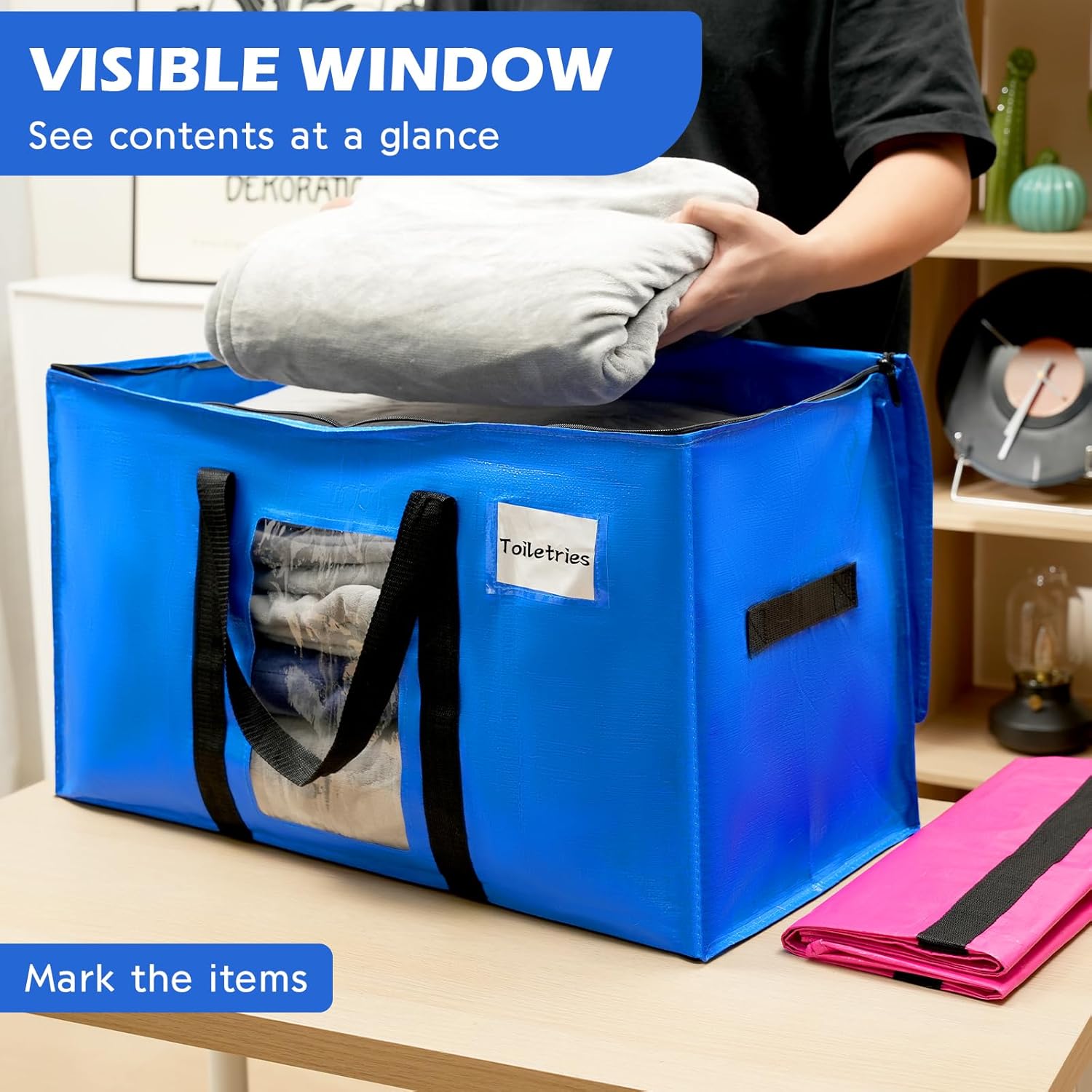 6 Pack Extra Large Moving Bags,Christmas Decoration Storage Bins,37Gallon Heavy Duty Storage Totes with Visible Window & Tag Pocket,Alternative to Moving Boxes,Dorm Room Essentials(Blue)