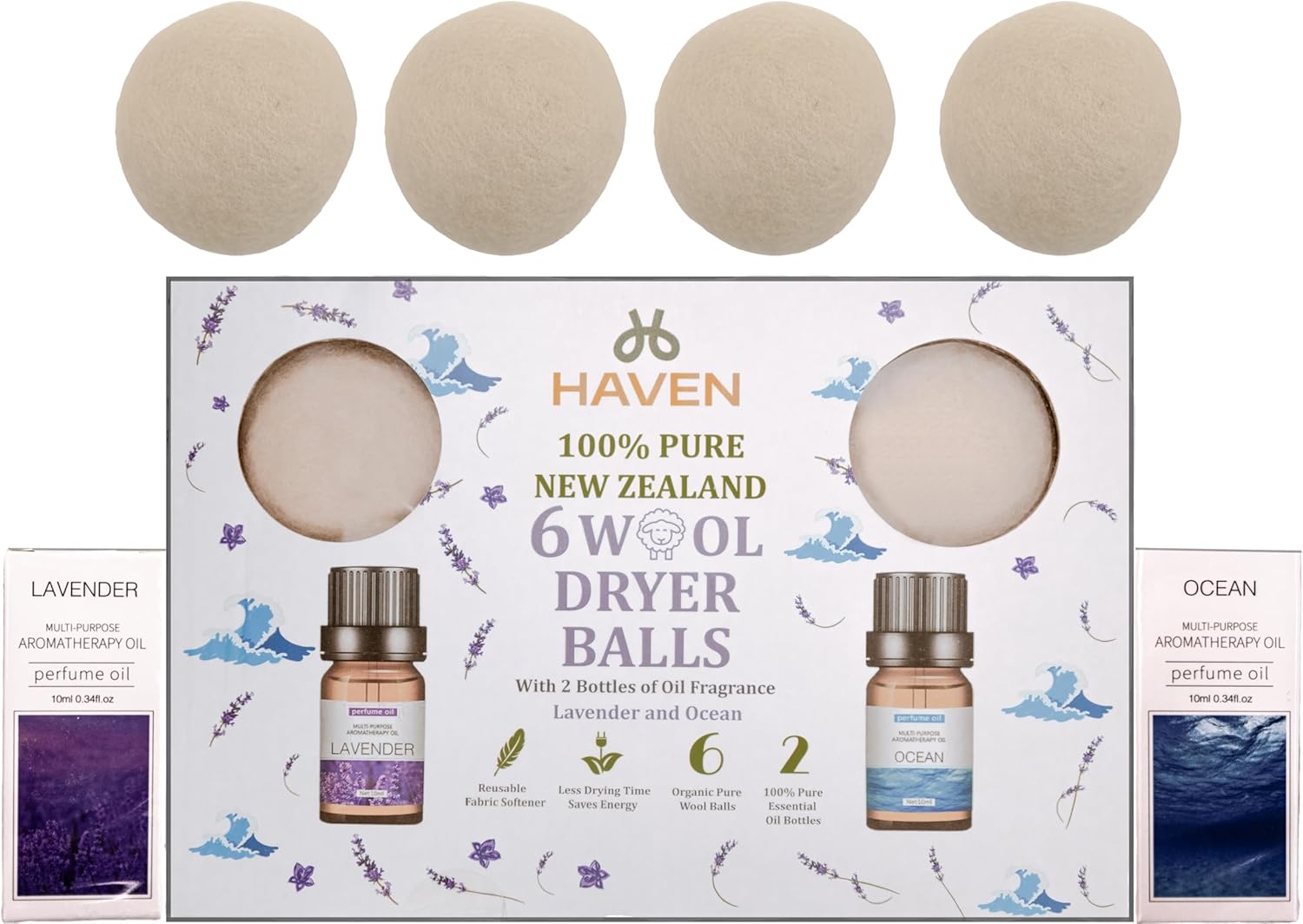 Haven Wool Dryer Balls with Essential Oils – 6-Pack Natural Reusable Laundry Balls with Lavender & Ocean Scents – Eco-Friendly Fabric Softener Alternative, Reduces Wrinkles & Drying Time