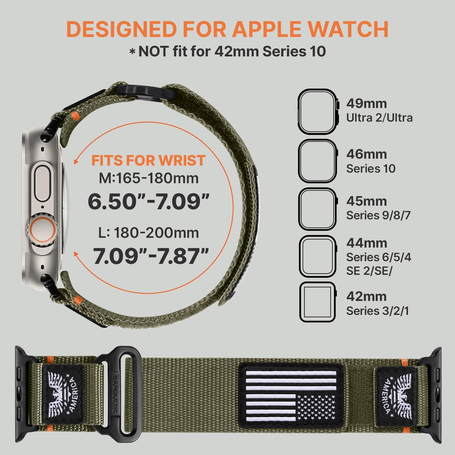 Bandletic Rugged Bands Compatible with Apple Watch Ultra 2 Band 49mm iWatch Bands 46mm 45mm 44mm 42mm Men, Soft Woven Adjustable Flag Wristbands Strap for Apple Watch Ultra Series 10/9/8/7/6/5/4/3/SE