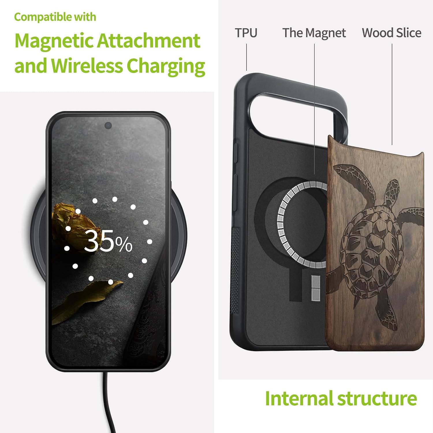 Carveit Magnetic Wooden Case for Google Pixel 10 Pro XL Case, Wood Artisan Engraved & Soft TPU Shockproof Cover, Compatible with MagSafe Wireless Chargers (Eternal Ocean Spirit) Walnut