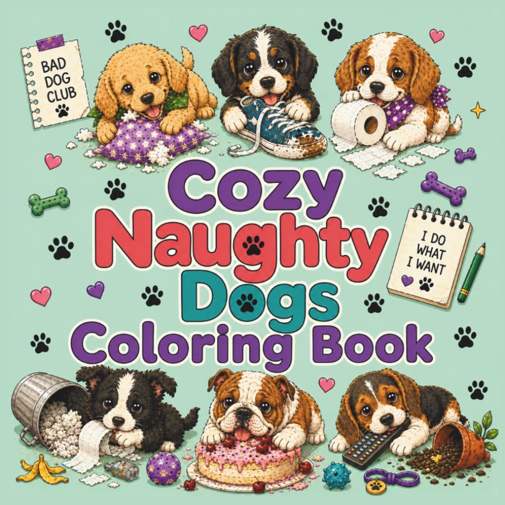 Cozy Naughty Dogs Coloring Book: Funny and Cute Dog Coloring Pages for Adults and Teens, Cozy Puppy Mischief, Playful Animal Scenes and Relaxing Stress Relief Coloring Fun