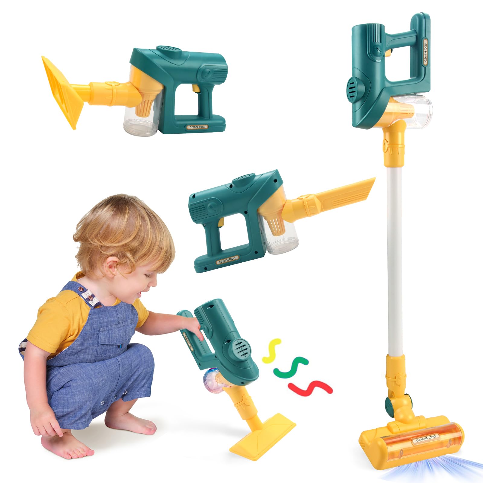 Joyfia Toy Vacuum for Toddlers, Kids Cordless Vacuum Cleaner Set, Pretend Role Play Household Keeping Toys with Realistic Function & Attachments, Cleaning Learning Toys for Age 3+ Boys Girls