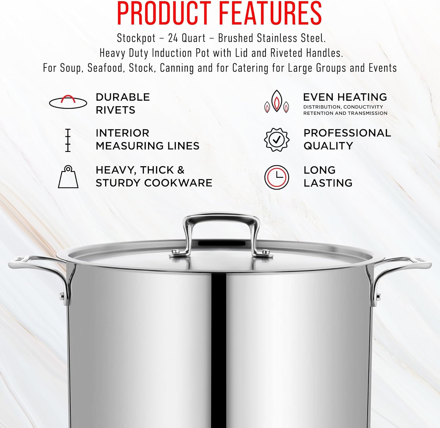 Stainless Steel Stockpot with Lid 24 Quart, Durable 18/8 Stainless Steel, Impact-Bonded Base for Even Heating, Riveted Handles, Oven & All Stove Compatible, Safe Up To 500°F (260°C)