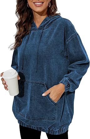 Womens Denim Hoodie Long Sleeve Pullover Sweatshirts Jean Jacket with Pockets