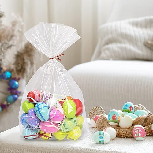 Miniatura 4 de Morepack Bolsas grandes de celofán de fondo plano, 100 bolsas de regalo de celofán de fondo plano transparente de 12 x 4 x 16 pulgadas con lazos