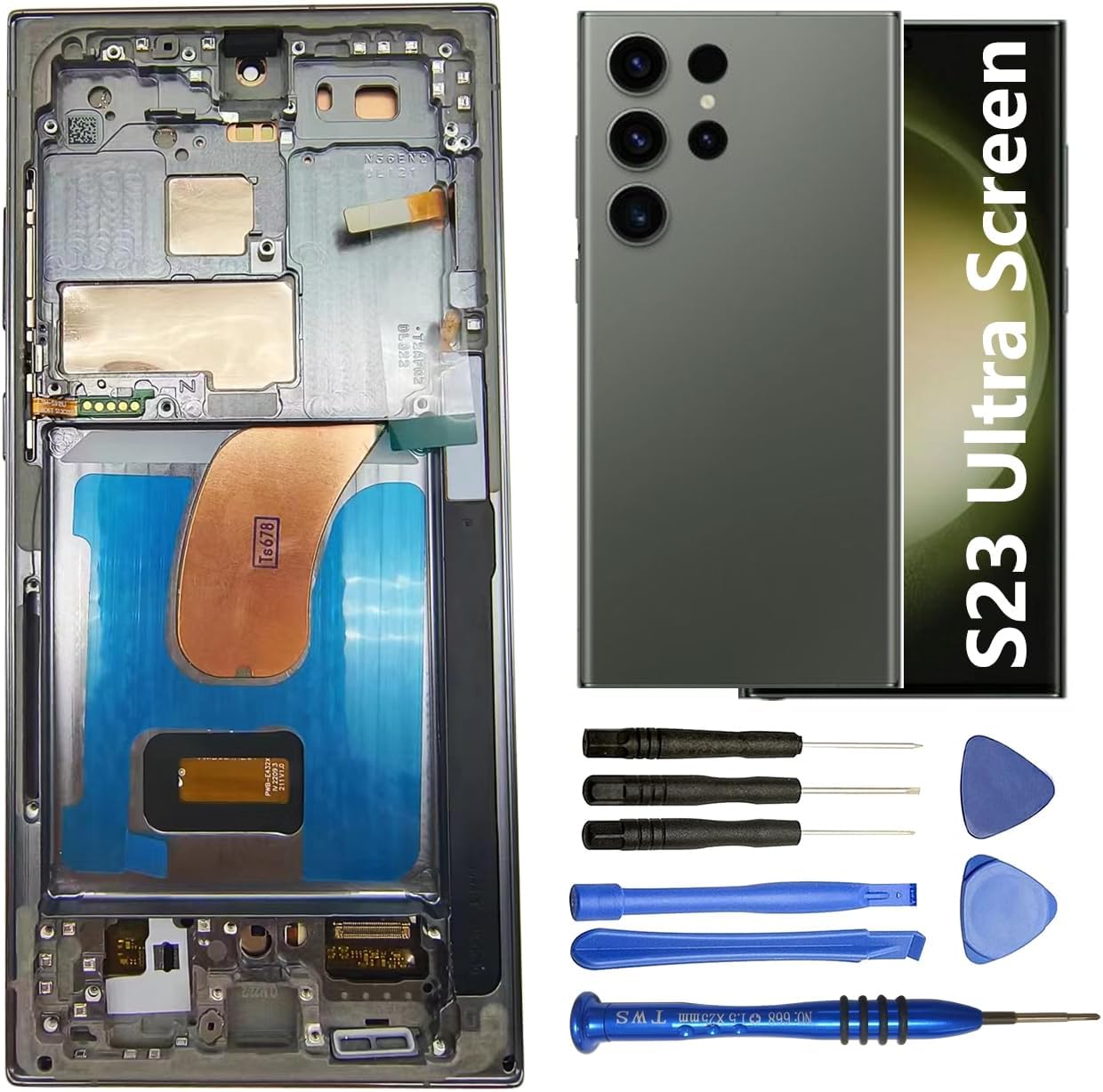 Screen Replacement for Samsung Galaxy S23 Ultra 5G S918B S918B/DS S918U S918Ul S918W S918E S9168/DS 6.8 Inch with Frame and Back Cover Display Touch Digitizer Assembly (Green)