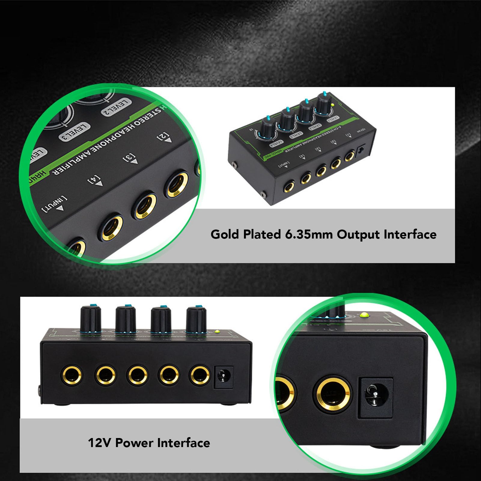 4 Channel Headphone Amplifier with RGB Luminous Effects, Low Noise Stereo Headphone Splitter Mixing Console for Recording Studio 6.35mm Output, Headphone Amplifier for Studio (US